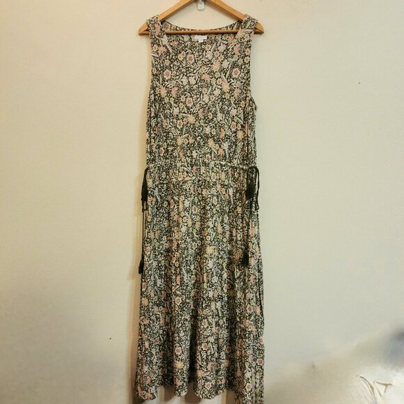 J Jill TierMaxi Floral Dress Women L Boho Khaki Green Slvless Cottage core Chic - Picture 1 of 14